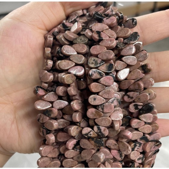 No_14_Natural Black Line Rhodochrosite Flat Center Drilled (short) Teardrop Bead_5*9mm_(Sold Per Strand)