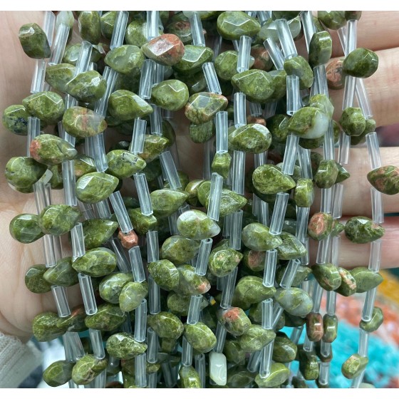 No_37_Natural Unakite Faceted Center Drilled (short) Flat Teardrop Bead_6*9mm _(Sold Per Strand)