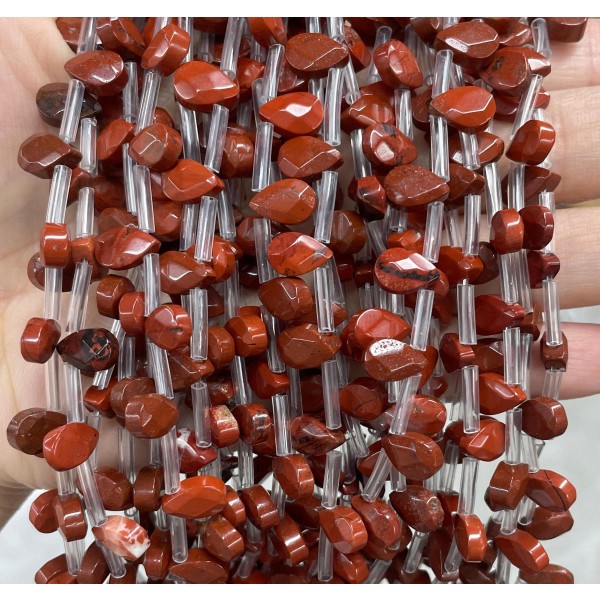 No_42_Natural Red Jasper Faceted Center Drilled (short) Flat Teardrop Bead_6*9mm _(Sold Per Strand)