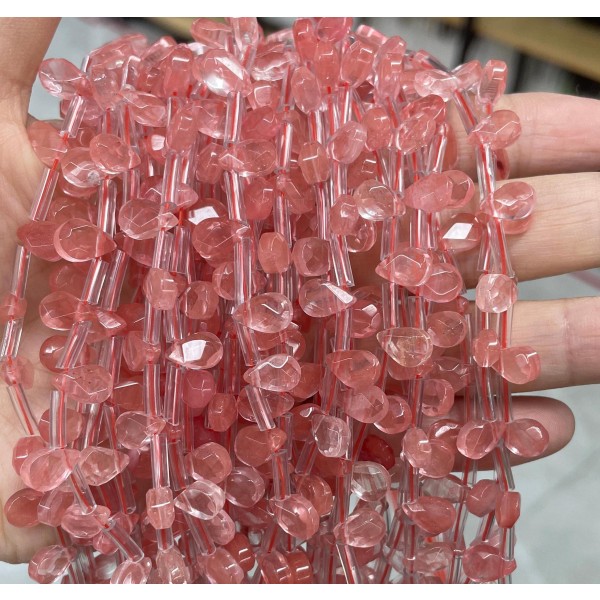 No_43_Synthetic Watermelon Red Crystal Faceted Center Drilled (short) Flat Teardrop Bead_6*9mm _(Sold Per Strand)