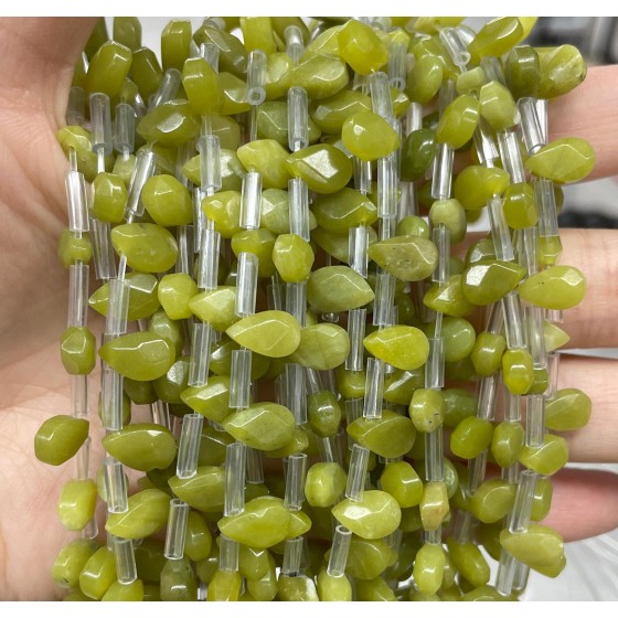 No_46_Natural Lemon Jade Faceted Center Drilled (short) Flat Teardrop Bead_6*9mm _(Sold Per Strand)