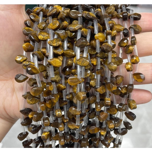No_47_Natural Yellow Tiger Eye Stone Faceted Center Drilled (short) Flat Teardrop Bead_6*9mm _(Sold Per Strand)