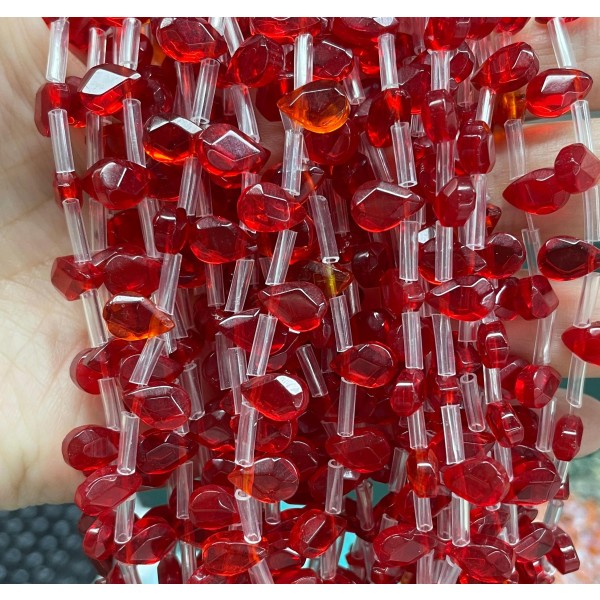 No_64_Bright Red Glass Faceted Center Drilled (short) Flat Teardrop Bead_6*9mm _(Sold Per Strand)