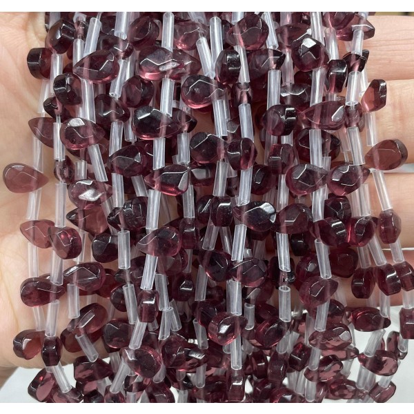 No_68_Purple Red Glass Faceted Center Drilled (short) Flat Teardrop Bead_6*9mm _(Sold Per Strand)