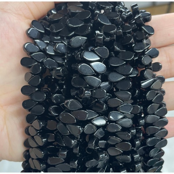 No_7_Natural Black Agate Flat Center Drilled (short) Teardrop Bead_5*9mm_(Sold Per Strand)