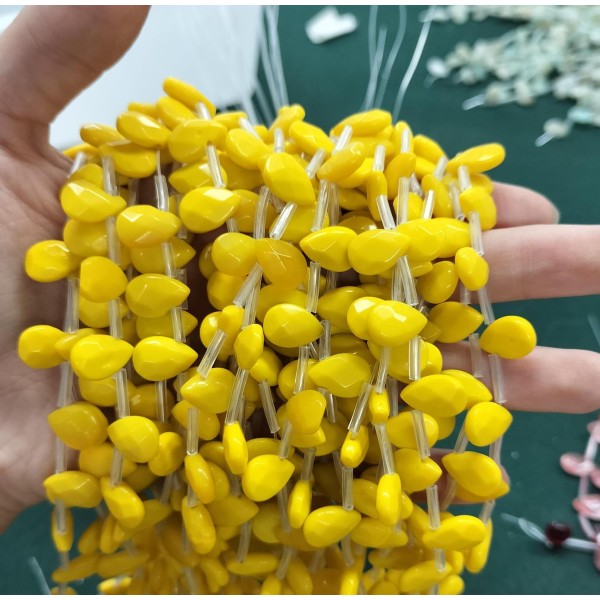 No_83_Porcelain Yellow Glass Faceted Center Drilled (short) Flat Teardrop Bead_8*12mm _(Sold Per Strand)