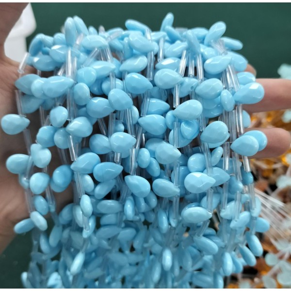 No_84_Porcelain Blue Glass Faceted Center Drilled (short) Flat Teardrop Bead_8*12mm _(Sold Per Strand)