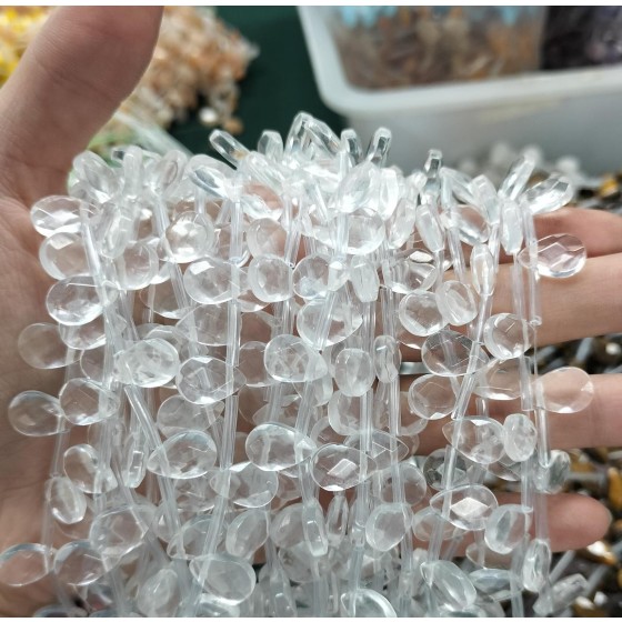 No_99_Synthetic White Crystal Faceted Center Drilled (short) Flat Teardrop Bead_8*12mm _(Sold Per Strand)