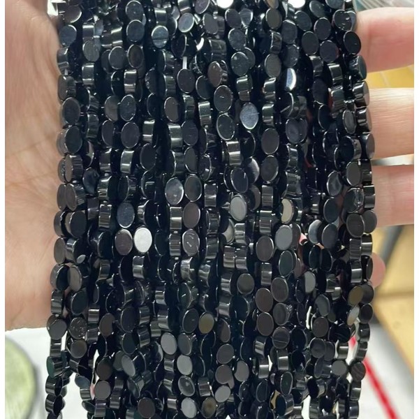 No_121_Natural Black Agate Flat Egg Shaped Bead_6*4mm _(Sold Per Strand)