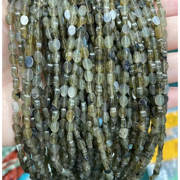 No_153_Natural Labradorite Flat Oval Bead_6*4mm _(Sold Per Strand)