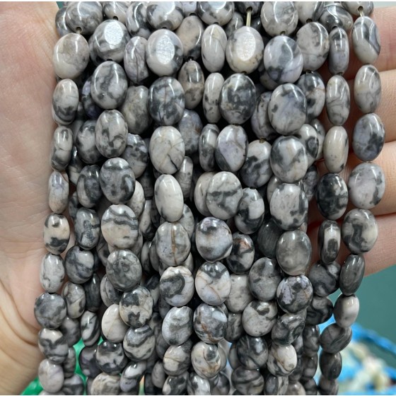 No_1261_Natural Black Grid Stone Egg Shaped Bead_8*10mm_(Sold Per Strand)