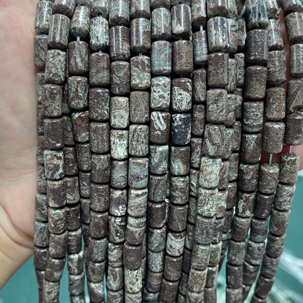 No_1302_Natural Coffee Snowflake Stone Round Head Cylinder_6*10mm_(Sold Per Strand)