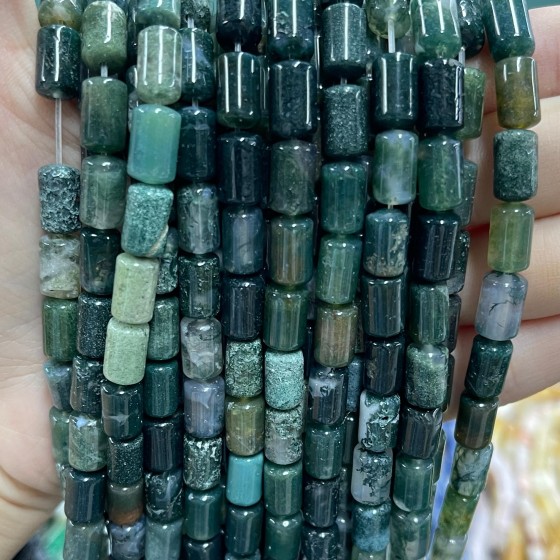 No_1309_Natural Moss Agate Round Head Cylinder_6*10mm_(Sold Per Strand)
