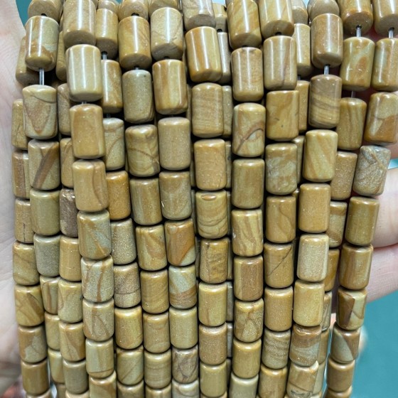 No_1326_Natural Yellow Picture Jasper Round Head Cylinder_6*10mm_(Sold Per Strand)