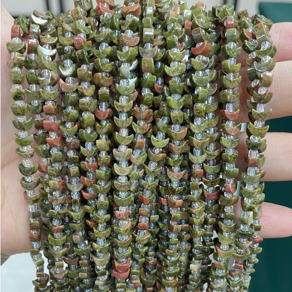 No_1609_Natural Unakite Center Drilled (short) Crescent Bead_6mm_(Sold Per Strand)