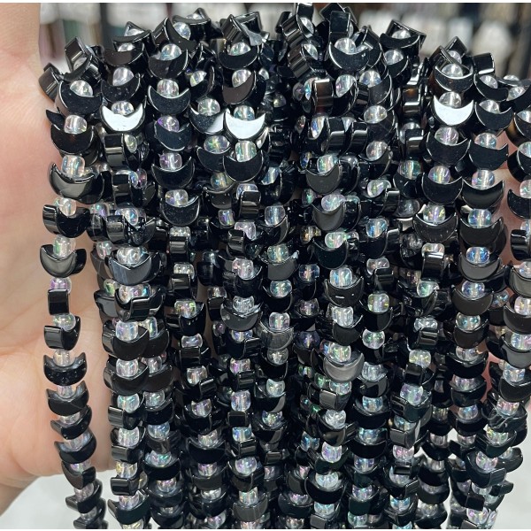 No_1623_Natural Black Agate Center Drilled (short) Crescent Bead_8mm_(Sold Per Strand)