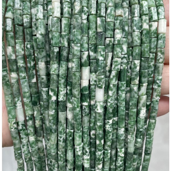 No_1657_Natural Green Dot Stone Hexagonal Cylinder_4*6mm_(Sold Per Strand)