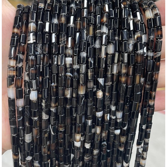 No_1662_Natural Black Striped Agate Hexagonal Cylinder_4*6mm_(Sold Per Strand)