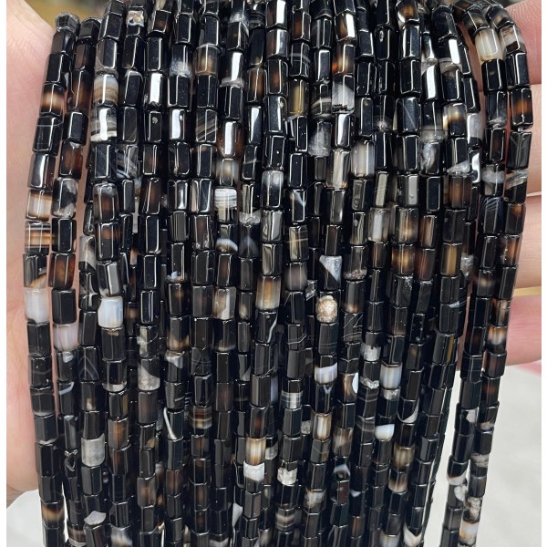 No_1662_Natural Black Striped Agate Hexagonal Cylinder_4*6mm_(Sold Per Strand)
