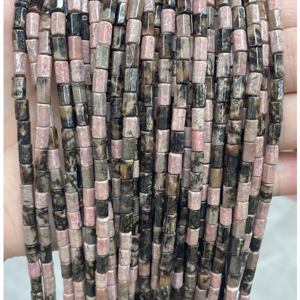 No_1663_Natural Black Line Rhodochrosite Hexagonal Cylinder_4*6mm_(Sold Per Strand)
