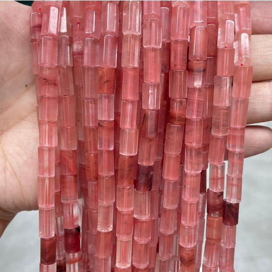No_1670_Synthetic Watermelon Red Crystal Hexagonal Cylinder_6*10-12mm_(Sold Per Strand)