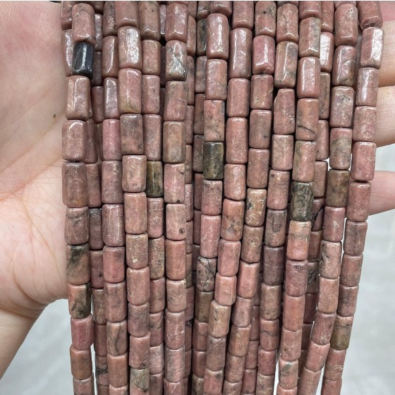 No_1671_Natural Black Line Rhodochrosite Hexagonal Cylinder_6*10-12mm_(Sold Per Strand)