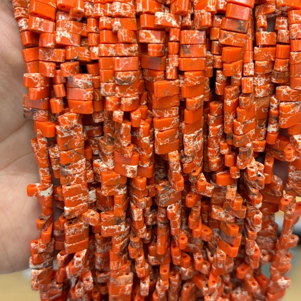 No_1765_Synthetic Orange Imperial Jasper Double Hole Square Bead_8*3mm_(Sold Per Strand)