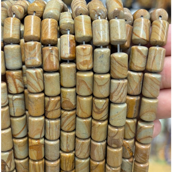 No_1829_Natural Yellow Picture Jasper Round Head Cylinder_8*12mm_(Sold Per Strand)