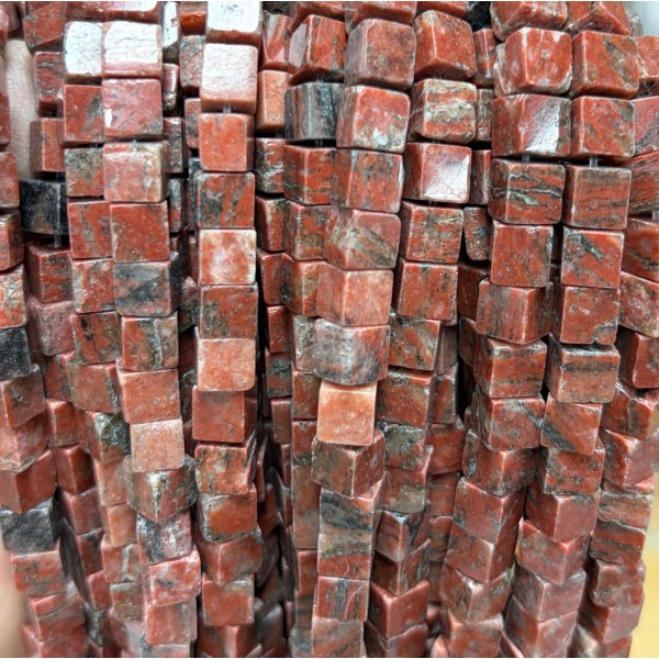 No_1917_Natural Sesame Red Jasper Square Block Beads_6mm_(Sold Per Strand)