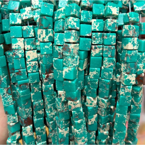 No_1925_Synthetic Dark Green Imperial Jasper Square Block Beads_6mm_(Sold Per Strand)