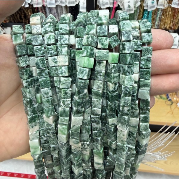 No_1935_Natural Green Dot Stone Square Block Beads_6mm_(Sold Per Strand)