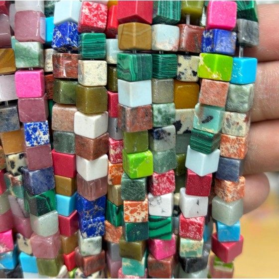 No_1959_Mixed Color Stone Square Block Beads_6mm_(Sold Per Strand)