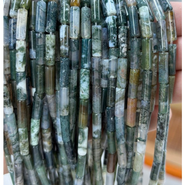 No_2134_Natural Moss Agate Round Tube_4*13mm_(Sold Per Strand)