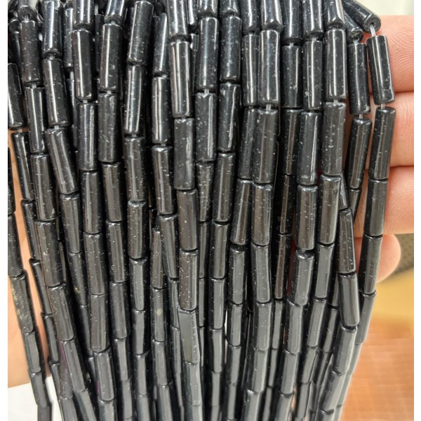 No_2149_Natural Black Stone Round Tube_4*13mm_(Sold Per Strand)