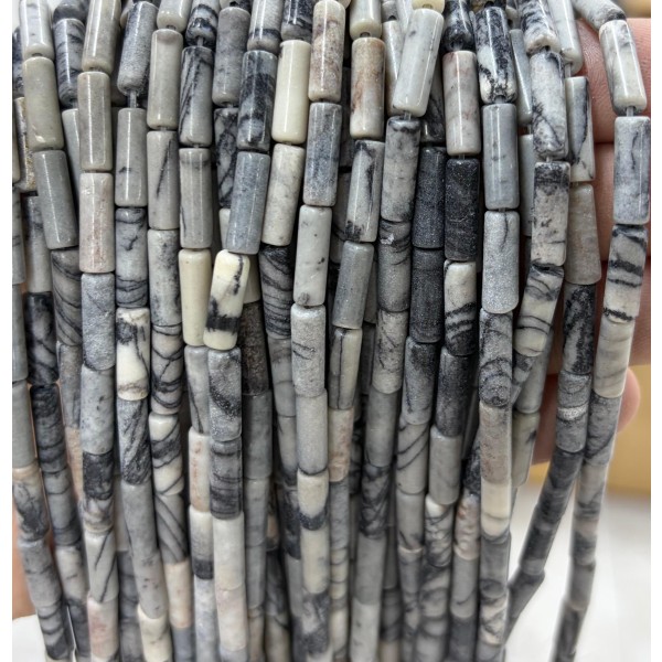 No_2162_Natural Black Grid Stone Round Tube_4*13mm_(Sold Per Strand)