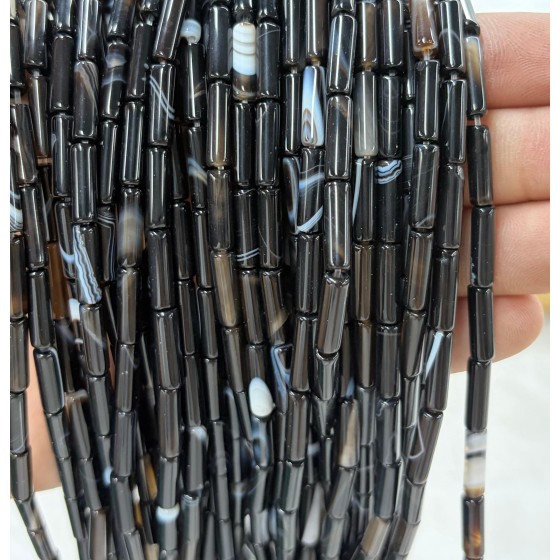 No_2182_Natural Black Striped Agate Round Tube_4*13mm_(Sold Per Strand)