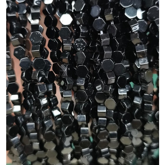 No_2616_Natural Black Agate Center Drilled (long) Hexagonal Bead_4mm_(Sold Per Strand)