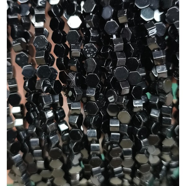 No_2616_Natural Black Agate Center Drilled (long) Hexagonal Bead_4mm_(Sold Per Strand)