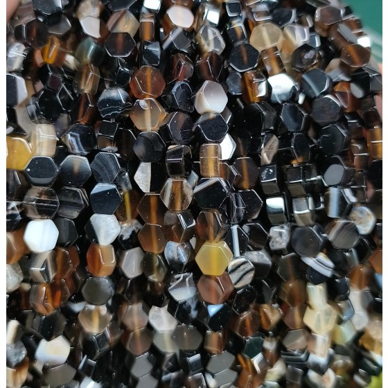 No_2619_Natural Black Striped Agate Center Drilled (long) Hexagonal Bead_6mm_(Sold Per Strand)