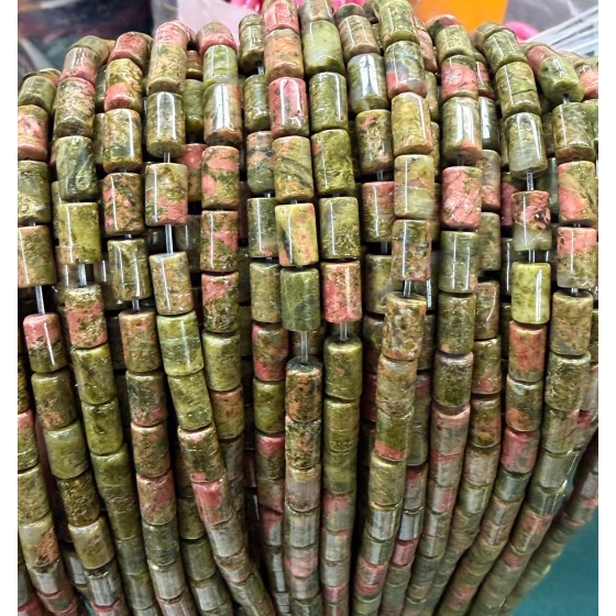 No_2647_Natural Variegated Green Stone Cylinder_5*8mm_(Sold Per Strand)