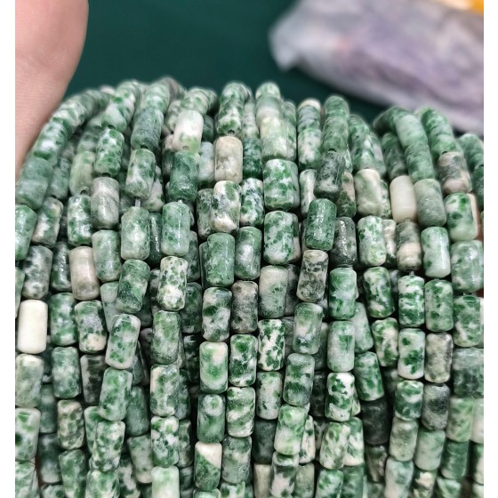 No_2685_Natural Green Dot Stone Cylinder_4*8mm_(Sold Per Strand)