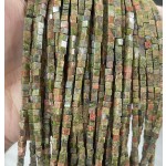 No_410_Natural Unakite Square Bead_3mm_(Sold Per Strand)