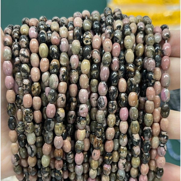No_587_Natural Black Line Rhodochrosite Rice Beads_4*6mm_(Sold Per Strand)