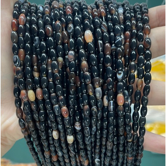 No_642_Natural Black Striped Agate Rice Beads_4*6mm_(Sold Per Strand)