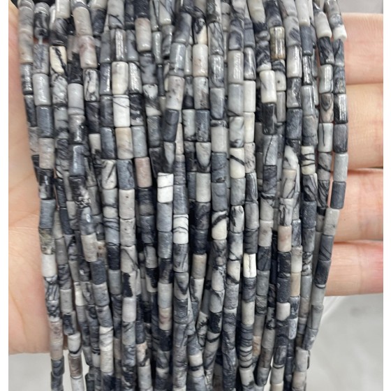 No_768_Natural Black Grid Stone Round Tube_6*3mm_(Sold Per Strand)