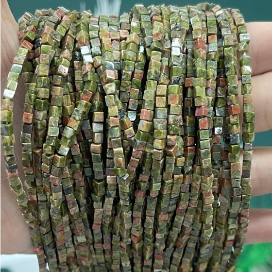 No_802_Natural Unakite Small Cubes_2mm_(Sold Per Strand)