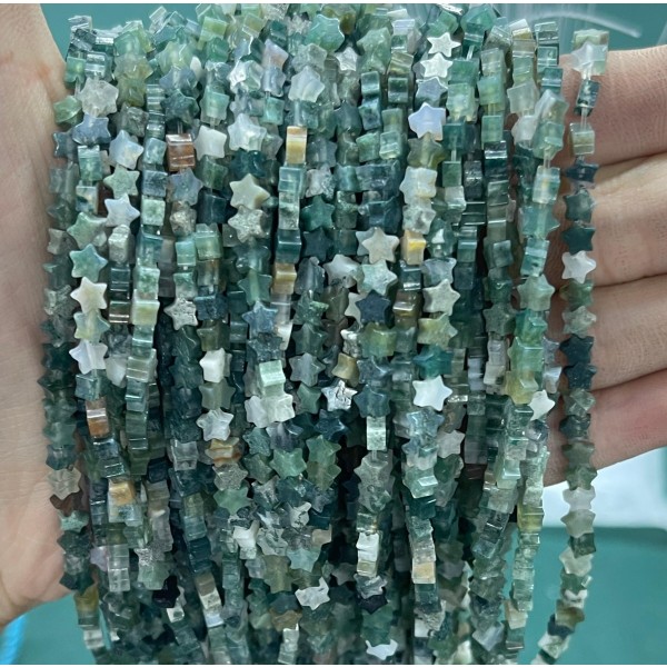 No_965_Natural Moss Agate Flat Five Pointed Star_4mm_(Sold Per Strand)